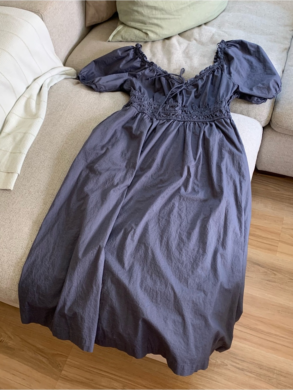 Old Navy Slate Blue Smocked Midi Dress with Puff Sleeves - Picture 2 of 8
